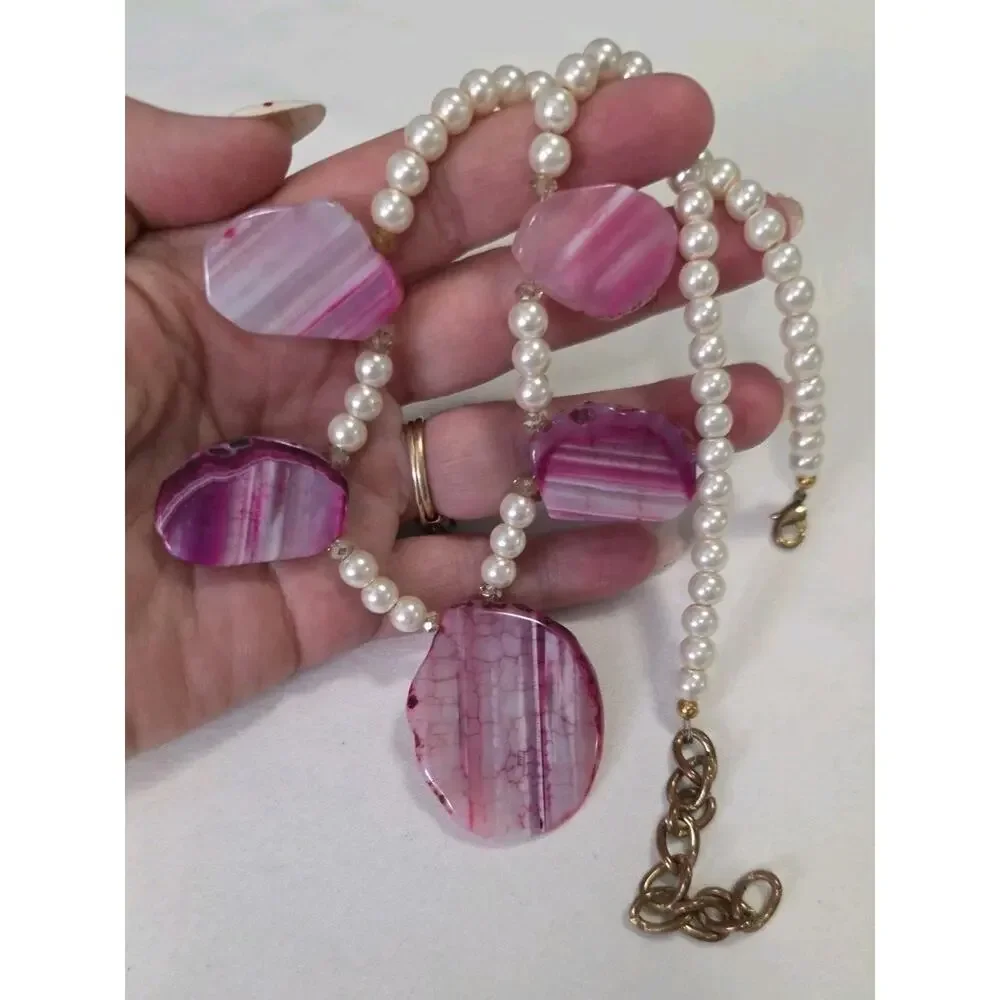 Statement Necklace With Pink Dyed Agate Slice Pendants On White Faux Pearls